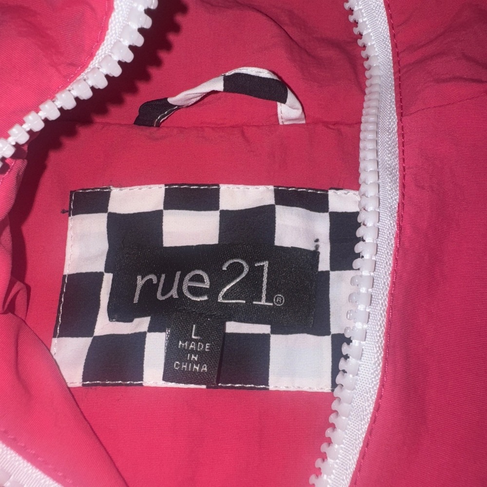 Rue 21 Neon Pink Windbreaker Hooded Jacket Size L Racing Stripes Vintage Y2K - Picture 2 of 6